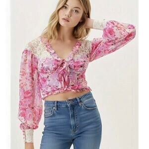 For Love & Lemons NWT Lara Pink Lace Crop Top Small